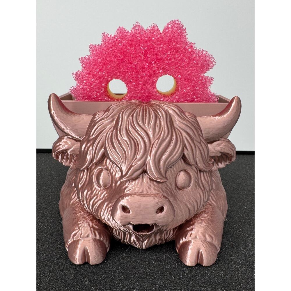 3D Printed Bonnie Highland Cow Scrub Momma Holder Rose Gold Kitchen Sink Caddy